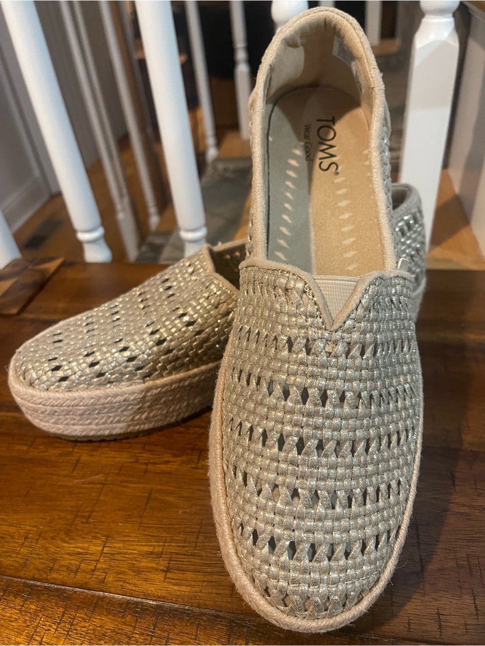 TOMS Women's Metallic Woven Espadrille Slip-On - Light Gold